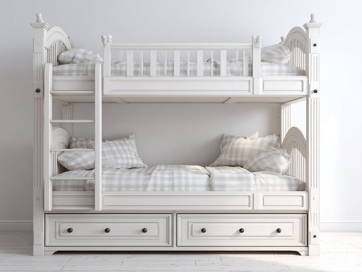 Etagenbett Holz 210x105x200 cm - Weiß-Schwarz - Klassisches Design mit Leiter und 2 Schubladen für Kinderzimmer