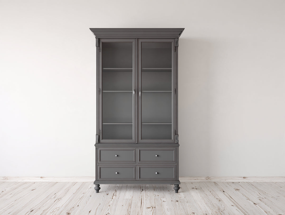 Vitrine Holz 110 x 45 x 190 cm - Dunkelgrau - 2 Glastüren mit 4 Schubladen