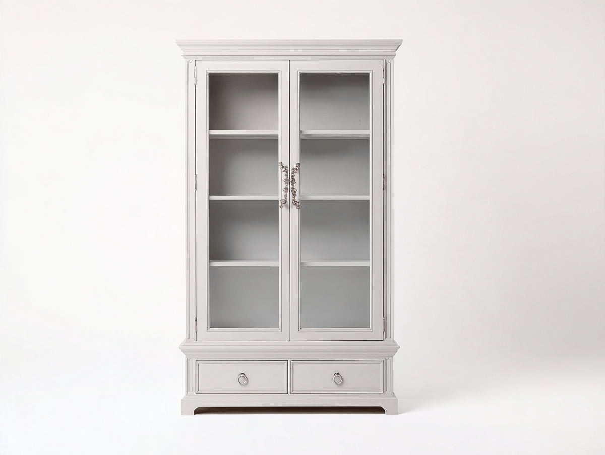 Vitrine aus Holzwerkstoff und Glas 100 x 42 x 190 cm - Weiß - Klassisches Design mit 2 Glastüren und 2 Schubladen
