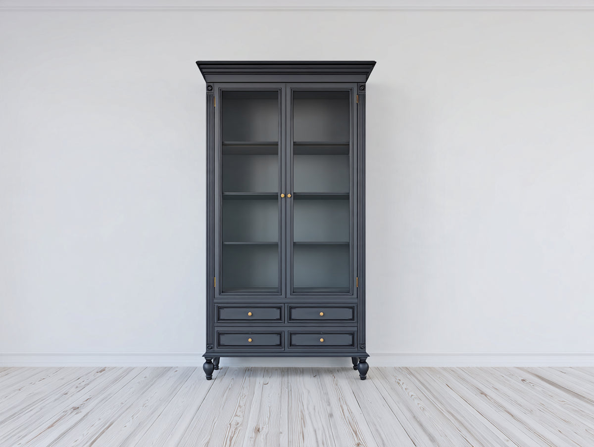Vitrine 105x45x190 cm - Dunkelblau - 2 Glastüren und 4 Schubladen - klassische Vitrine für Wohnzimmer und Esszimmer