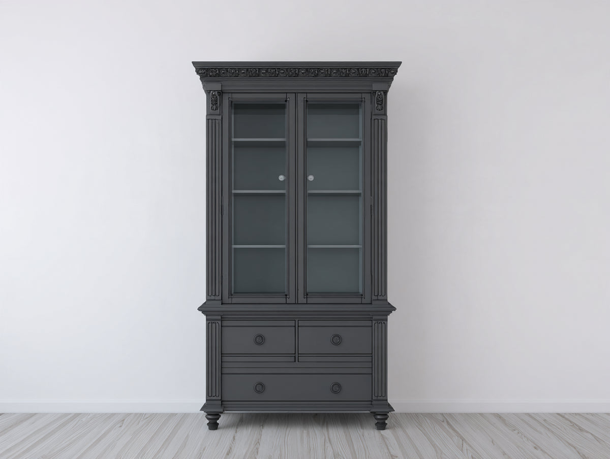 Vitrine 105 x 45 x 190 cm - Dunkelgrau - klassische Standvitrine mit 2 Glastüren und 3 Schubladen