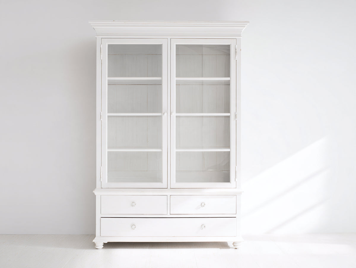 Vitrine 110x45x190 cm - Weiß - 2 Glastüren und 3 Schubladen - klassische Vitrine für Wohnzimmer und Esszimmer
