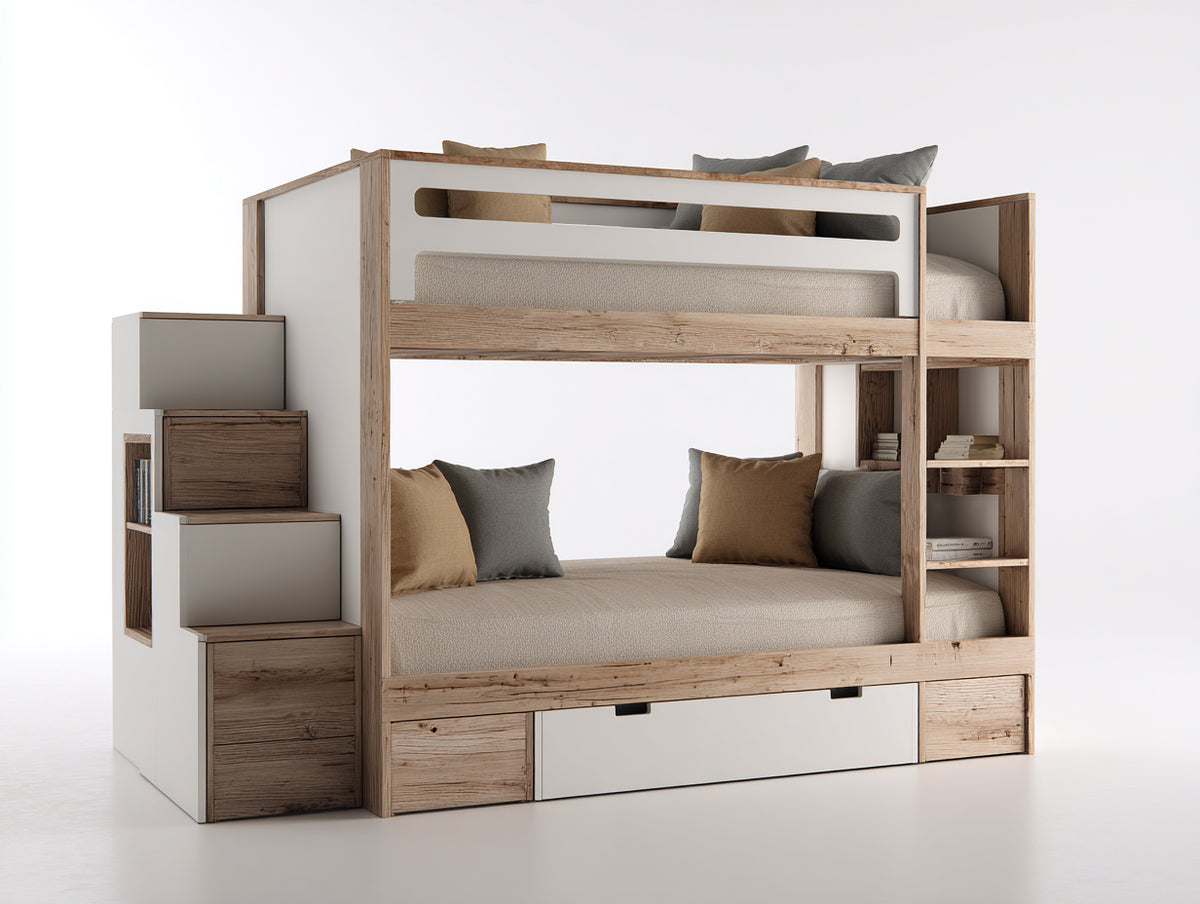 Etagenbett 240x120x180 cm - Holz und Weiß - 2 Schlafplätze mit Treppe und Stauraum - platzsparendes Stauraumbett für Schlafzimmer
