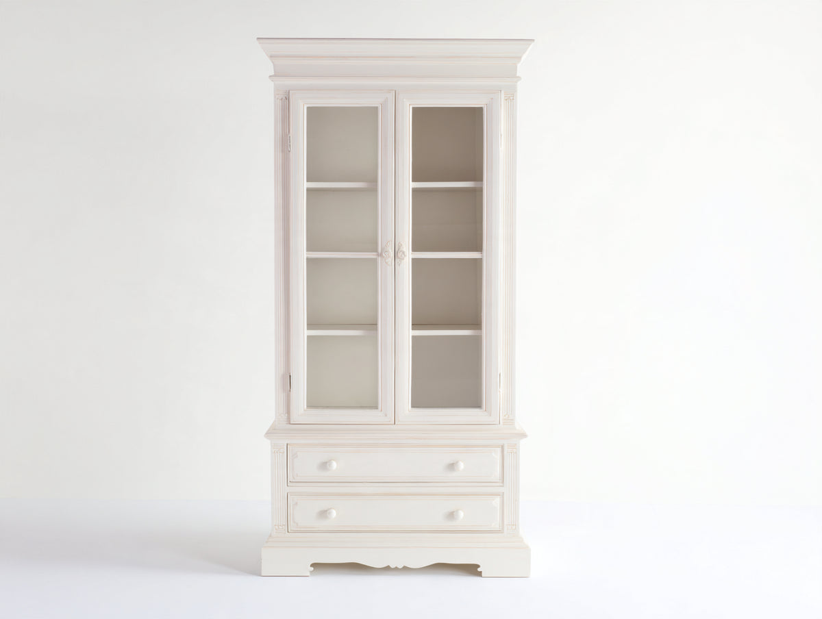 Vitrine Holzwerkstoff und Glas 90x42x190 cm - Cremeweiß - Klassisches Design mit 2 Glastüren und 2 Schubladen für Wohnzimmer