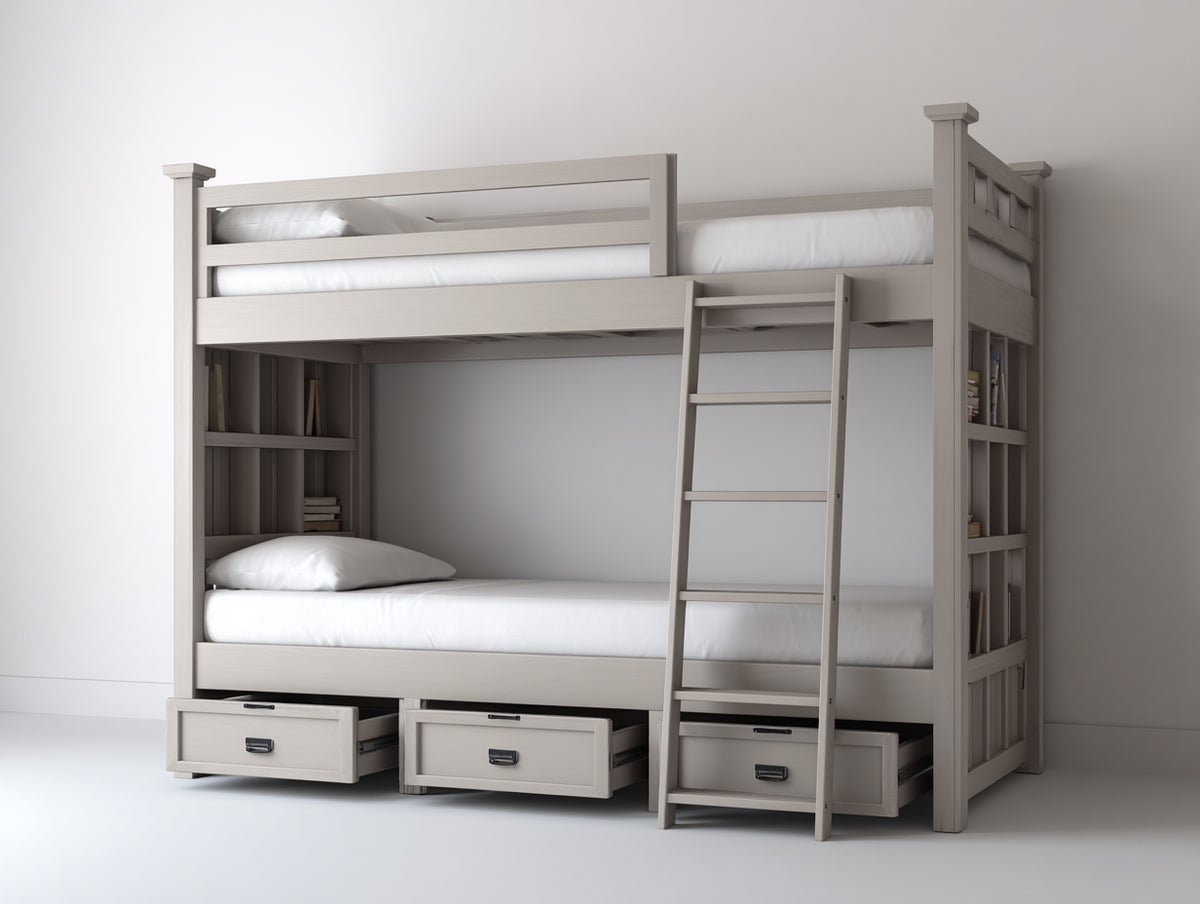 Etagenbett 210 x 110 x 180 cm - Grau - Etagenbett mit Leiter und 3 Schubladen