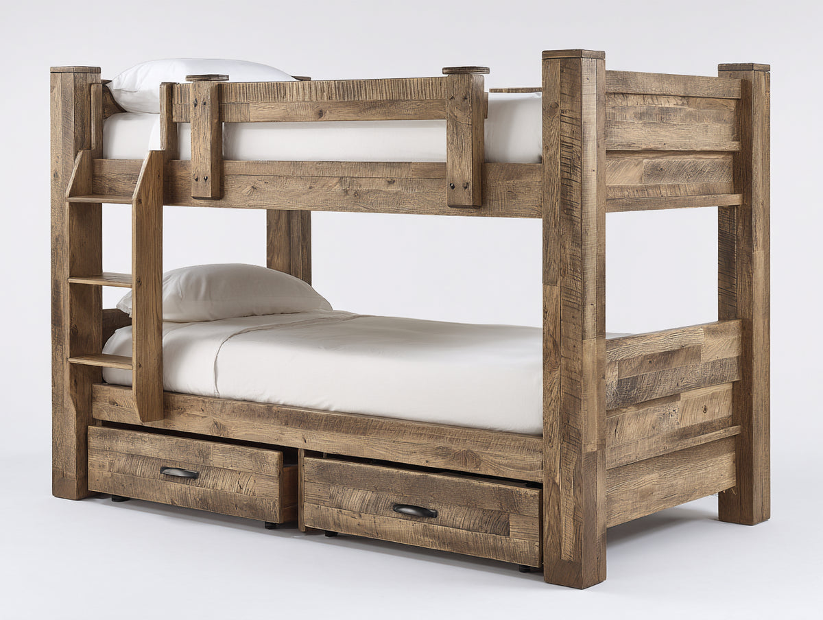 Etagenbett aus Holz 210 x 105 x 175 cm - Braun - Rustikales Design mit Leiter und 2 Schubladen
