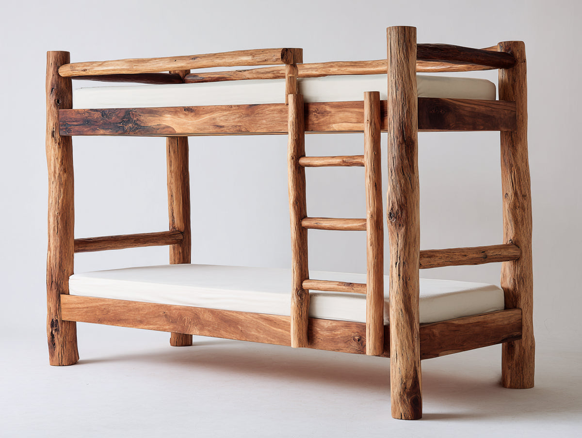 Etagenbett Massivholz 200 x 100 x 165 cm - Naturbraun - Rustikales Design mit Leiter und Absturzsicherung