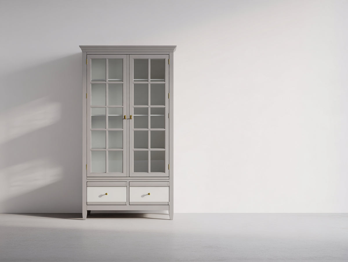 Vitrine Holzwerkstoff und Glas 90x42x185 cm - Weiß-Gold - Klassisches Design mit 2 Glastüren und 2 Schubladen für Wohnzimmer