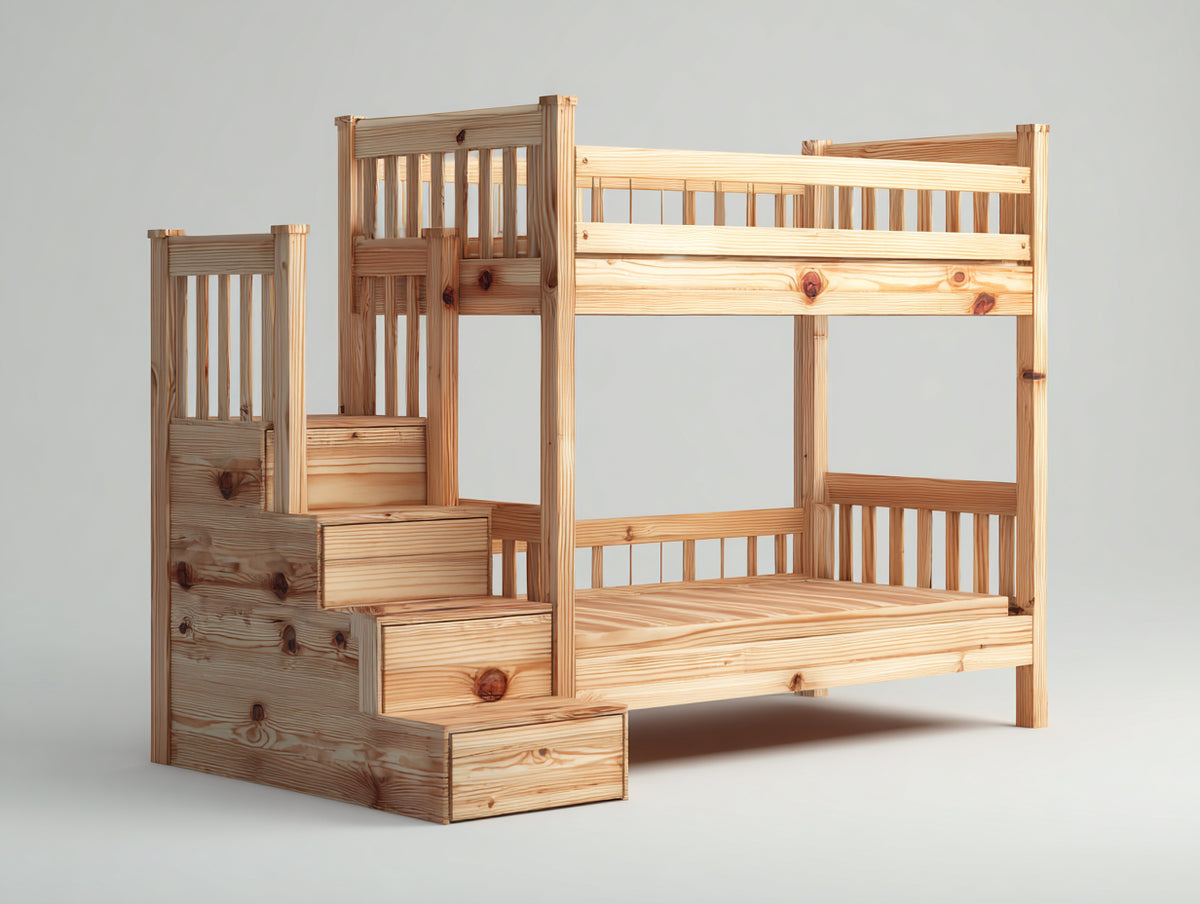 Etagenbett Massivholz 210x120x180 cm - Naturholz - Klassisches Design mit integrierter Treppe für Kinderzimmer