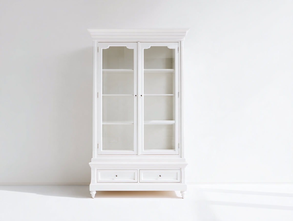 Vitrine Holz 100 x 45 x 190 cm - Weiß - 2 Glastüren mit 2 Schubladen